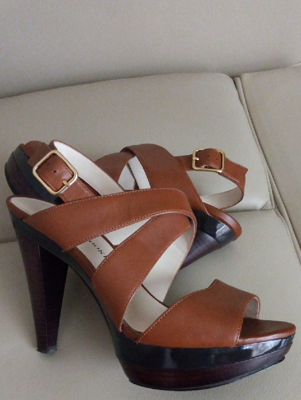 Audrey Brooke Tan Brown Leather Platform Slingback Heels Size: 7M